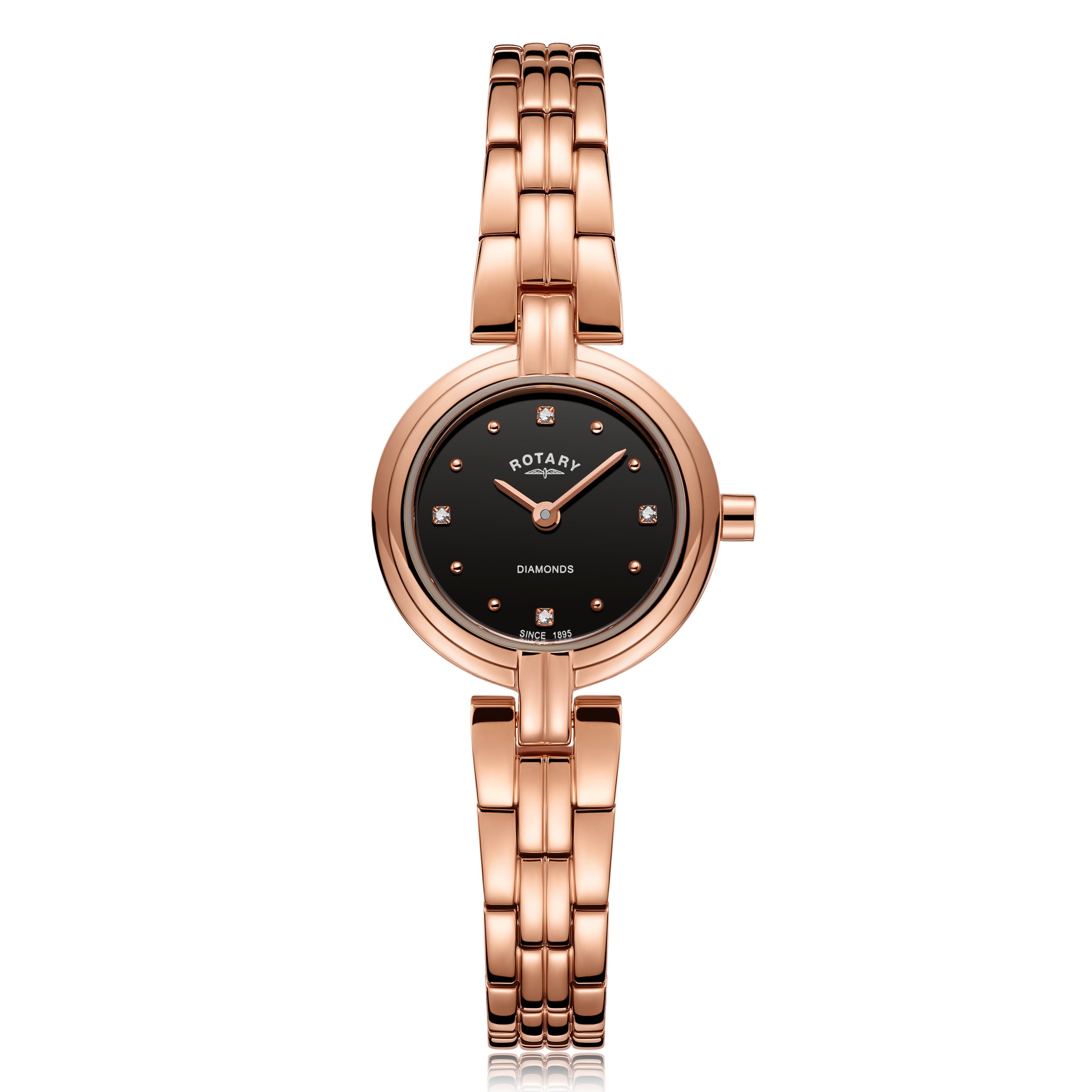 Rotary ladies watch in rose gold with a bracelet. The watch has a black dial with diamond set indexes