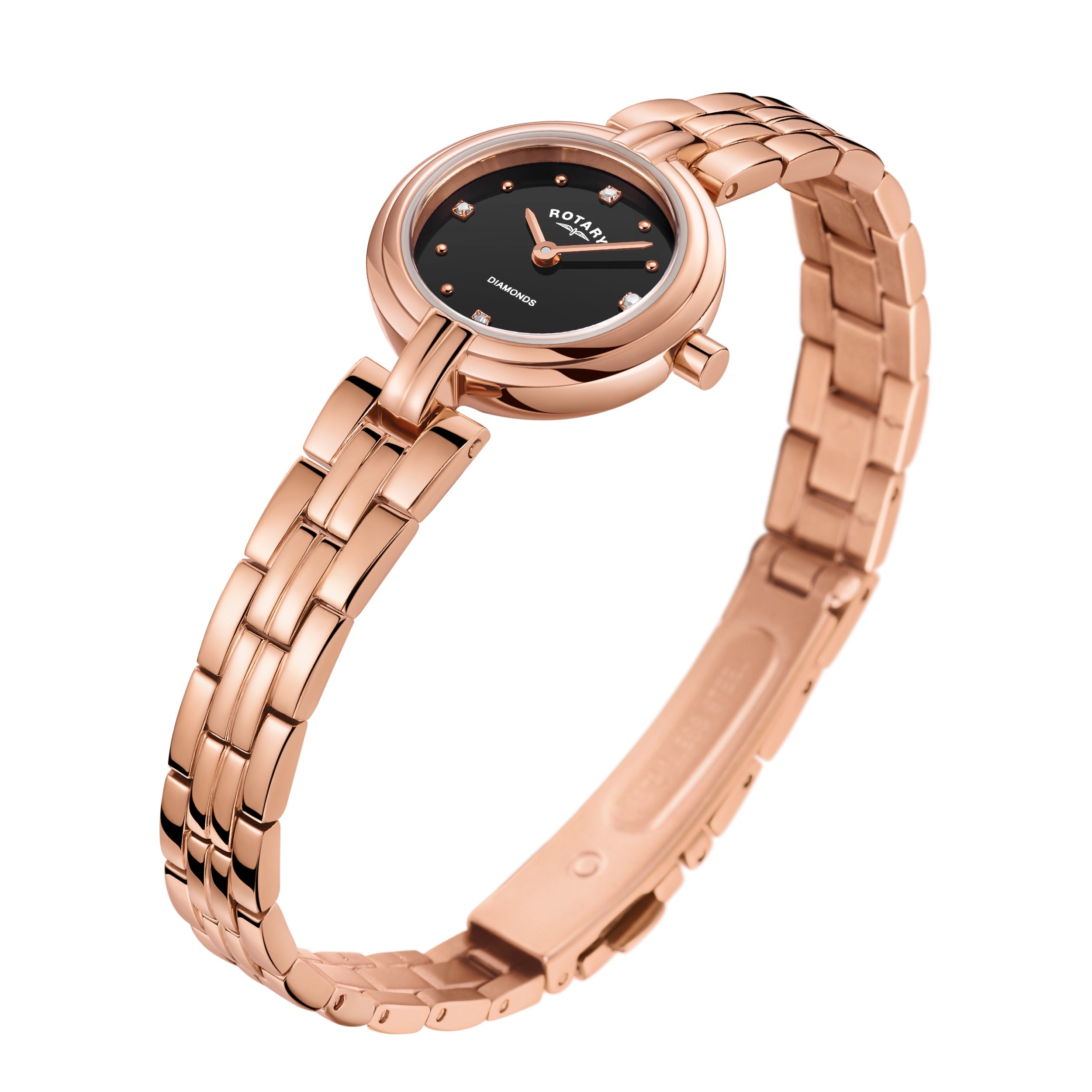 Rotary ladies watch in rose gold with a bracelet. The watch has a black dial with diamond set indexes