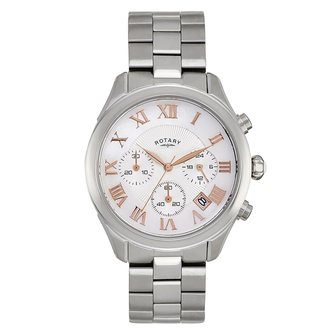 Rotary ladies chronograph watch with a stainless steel case, stainless steel bracelet and white dial. The watch has roman numerals and hands in rose gold