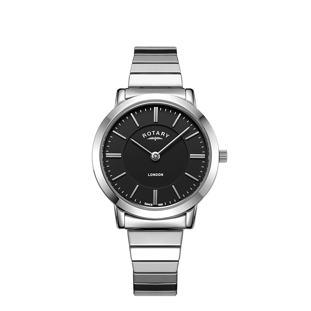 Rotary london expanding bracelet watch in stainless steel with a black dial and a two hand design