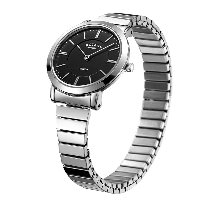 Rotary london expanding bracelet watch in stainless steel with a black dial and a two hand design