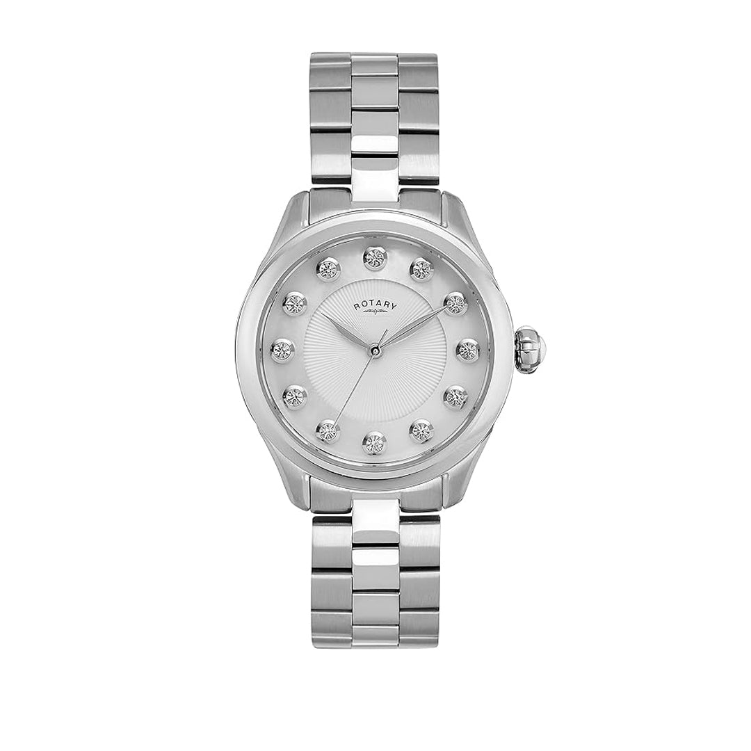 Rotary ladies watch in stainless steel with white guilloche dial and diamond indexes