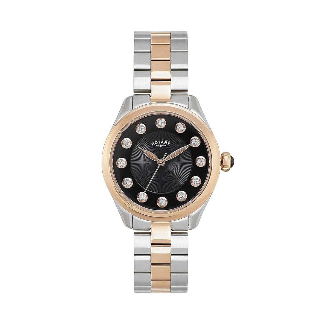 rotary ladies watch with a two tone case and bracelet with a black dial and gem set indexes