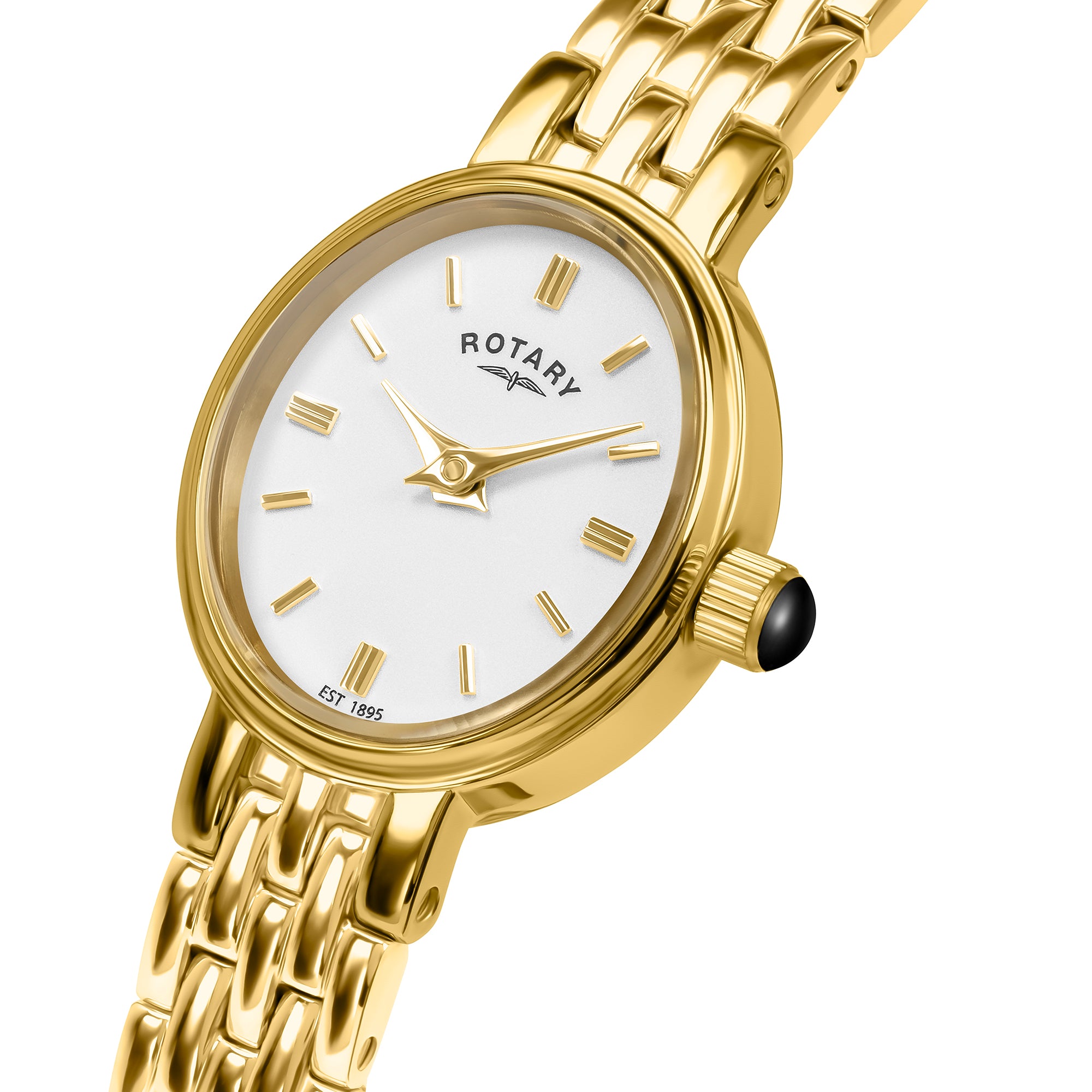 Rotary Gold wristwatch with white face and visible Rotary brand on a white background