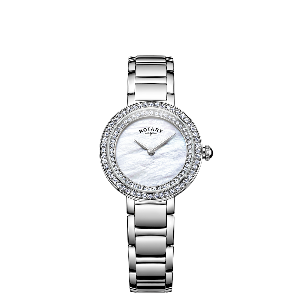 Rotary ladies watch with a stainless steel case and bracelet. The dial is mother of pearl with a gem set bezel and inner track bezel.