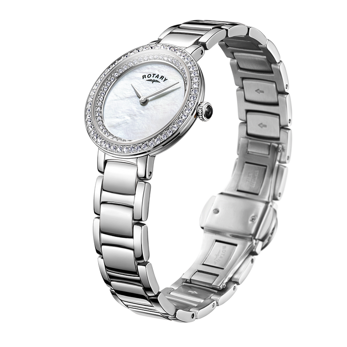 Rotary ladies watch with a stainless steel case and bracelet. The dial is mother of pearl with a gem set bezel and inner track bezel.