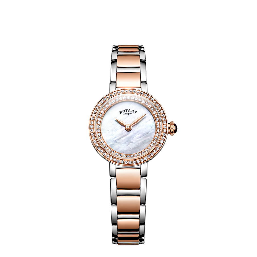 Rotary ladies watch with a two-tone rose gold and stainless steel case and bracelet. The dial is mother of pearl with a gem set bezel and inner track bezel.