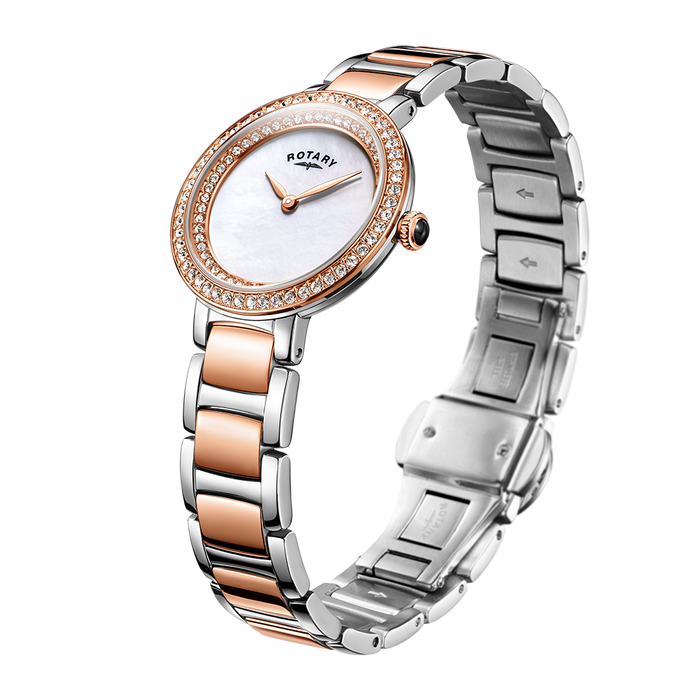 Rotary ladies watch with a two-tone rose gold and stainless steel case and bracelet. The dial is mother of pearl with a gem set bezel and inner track bezel.