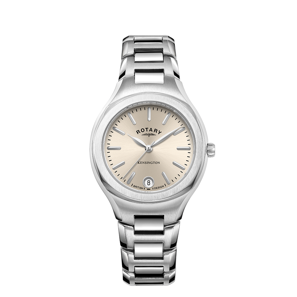 Rotary ladies watch with a stainless steel case and bracelet. The dial is champagne coloured and has 3 stainless steel hands