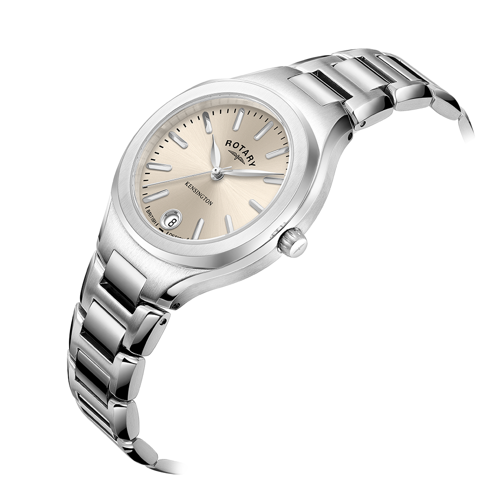 Rotary ladies watch with a stainless steel case and bracelet. The dial is champagne coloured and has 3 stainless steel hands