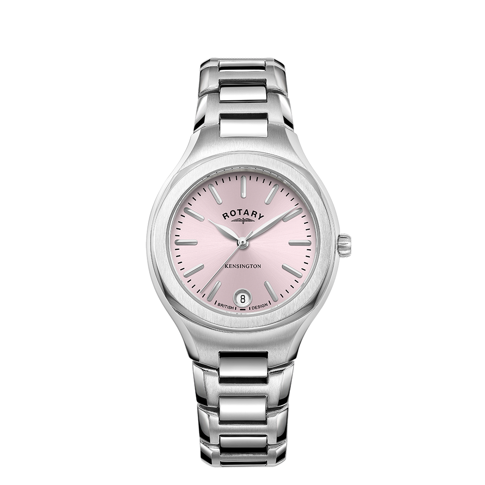 Rotary ladies watch with a stainless steel case and bracelet. The dial is pink and has 3 stainless steel hands