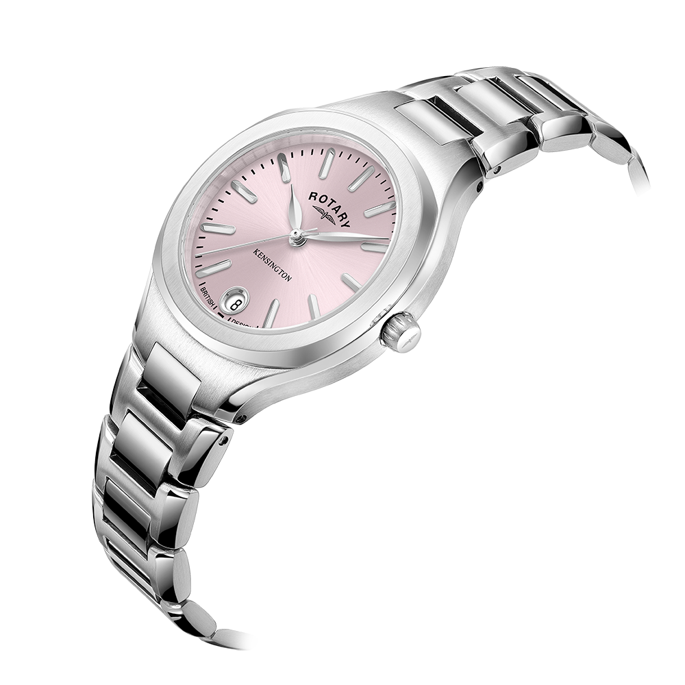 Rotary ladies watch with a stainless steel case and bracelet. The dial is pink and has 3 stainless steel hands