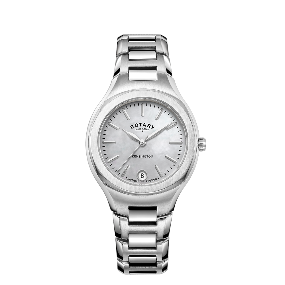 Rotary ladies watch with a stainless steel case and bracelet. The dial is mother of pearl and has 3 stainless steel hands