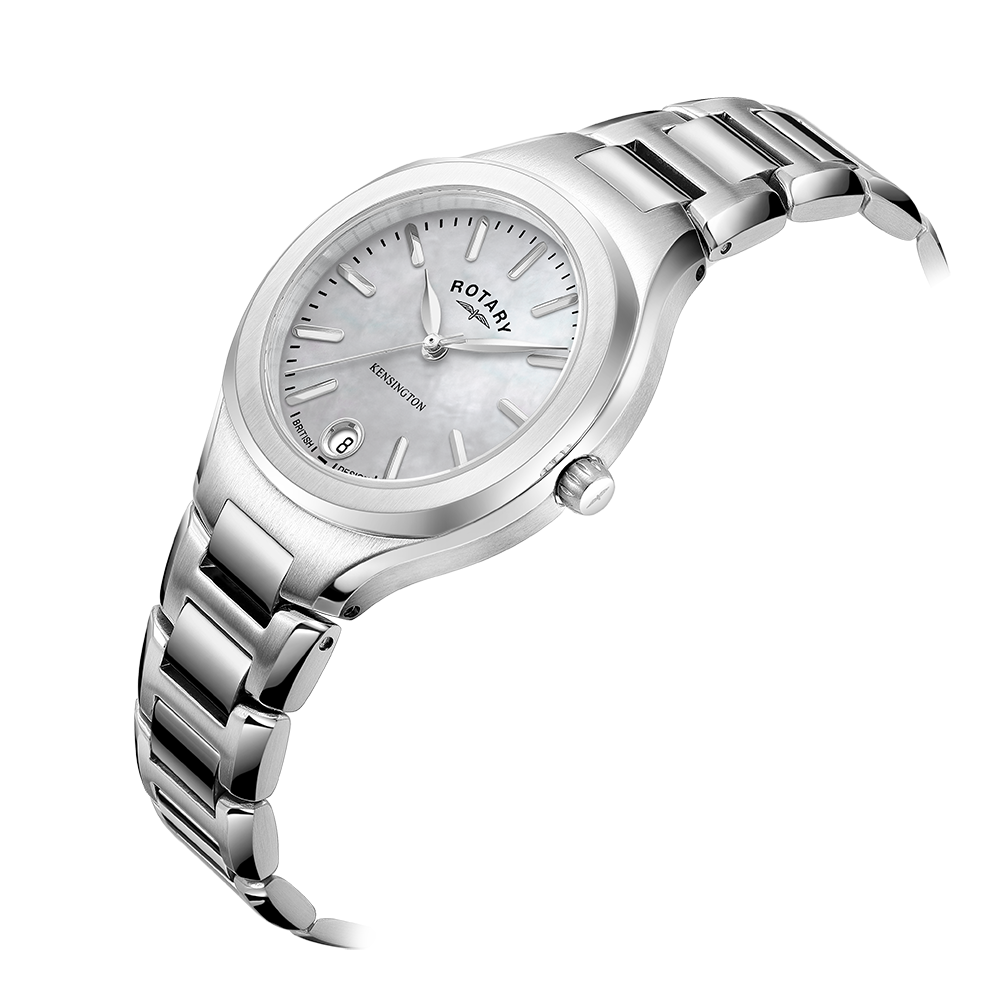 Rotary ladies watch with a stainless steel case and bracelet. The dial is mother of pearl and has 3 stainless steel hands