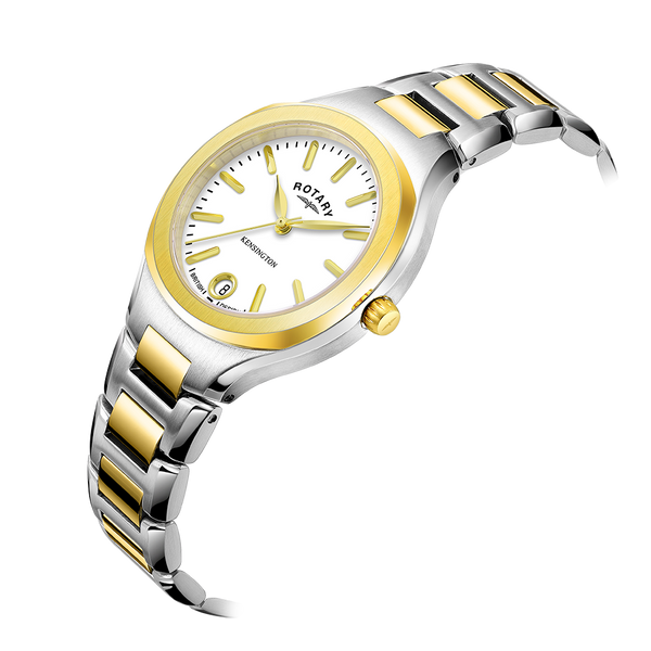 Rotary ladies watch with a two-tone gold and stainless steel case and bracelet. The watch has a white dial with 3 gold hands and gold indices