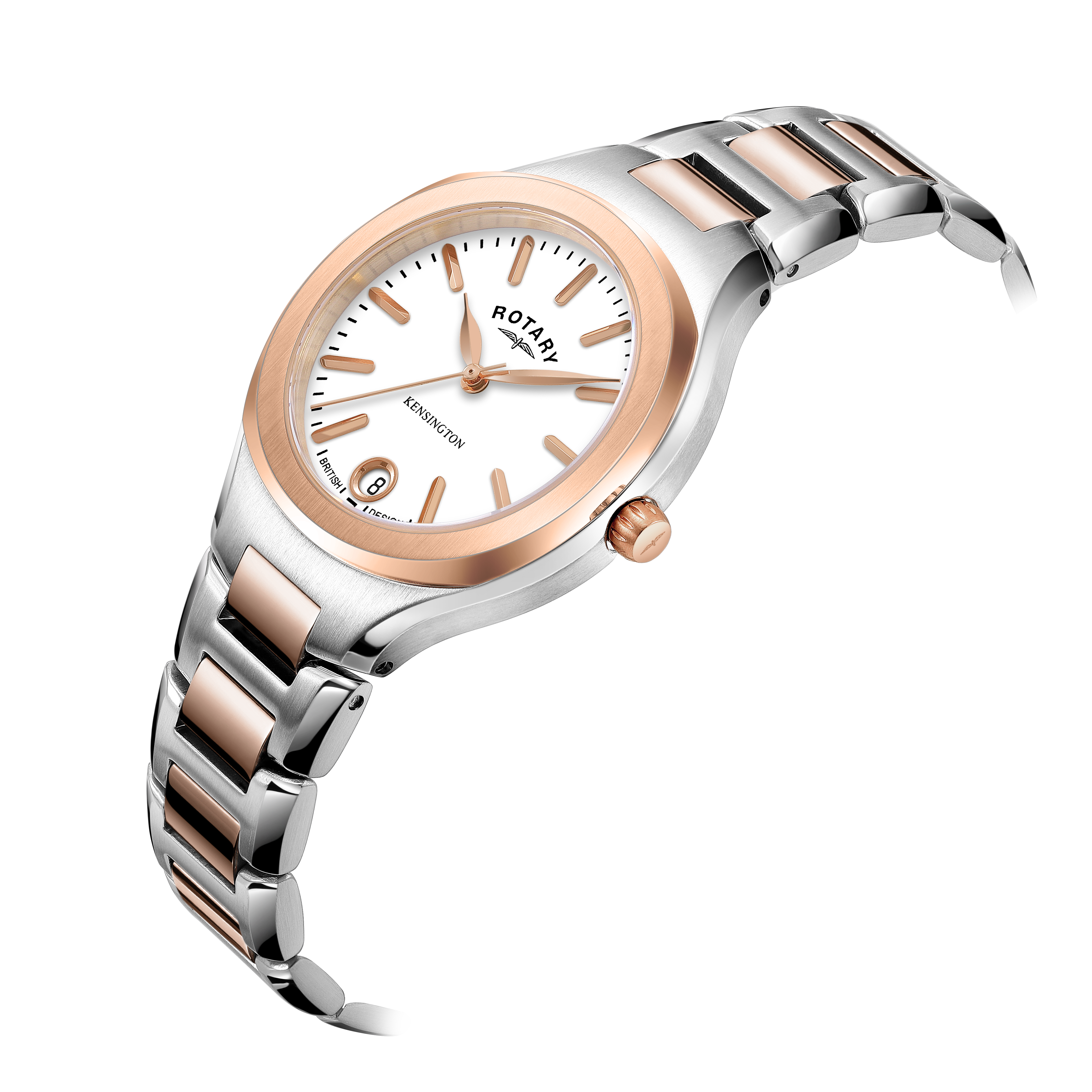 Rotary ladies watch with a two-tone rose gold and stainless steel case and bracelet. The dial is white with rose gold hands and indices