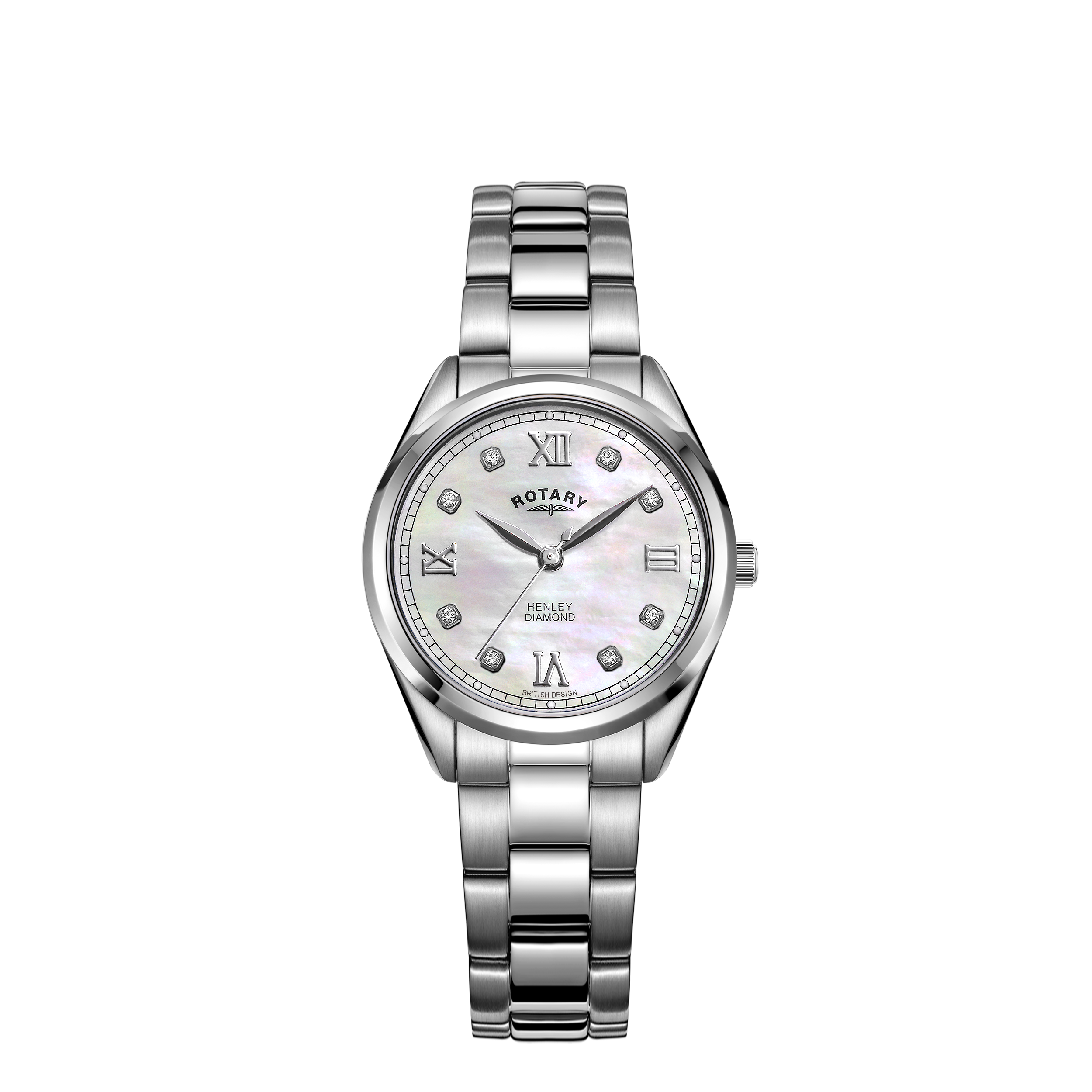 Rotary ladies henley diamond watch with a stainless steel case, as well as a mother of pearl dial. The dial has roman numerals and diamond indexes.