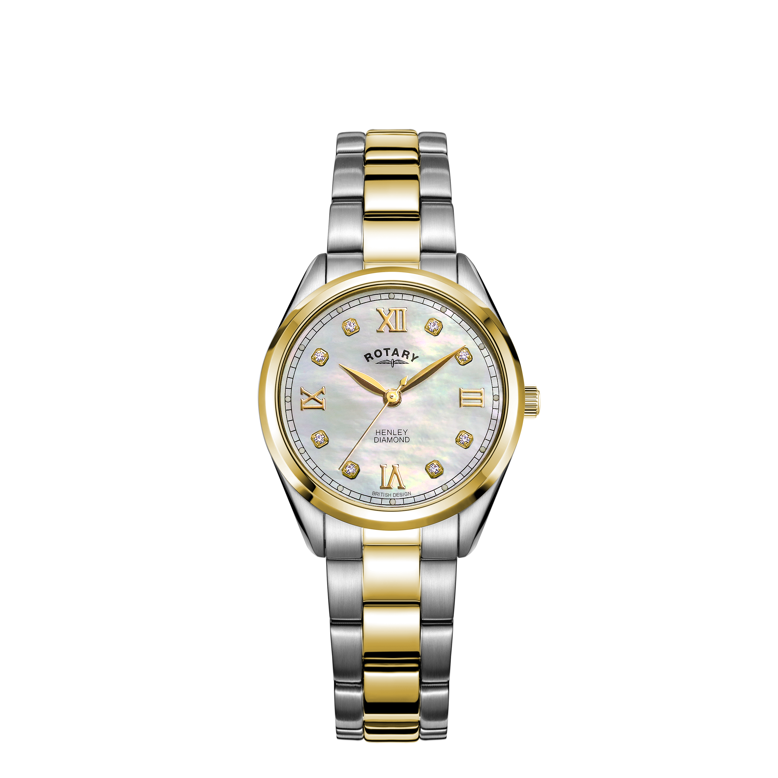 Rotary ladies henley diamond watch featuring a two-tone stainless steel and gold case, as well as a mother of pearl dial. The dial has roman numerals and diamond indexes.