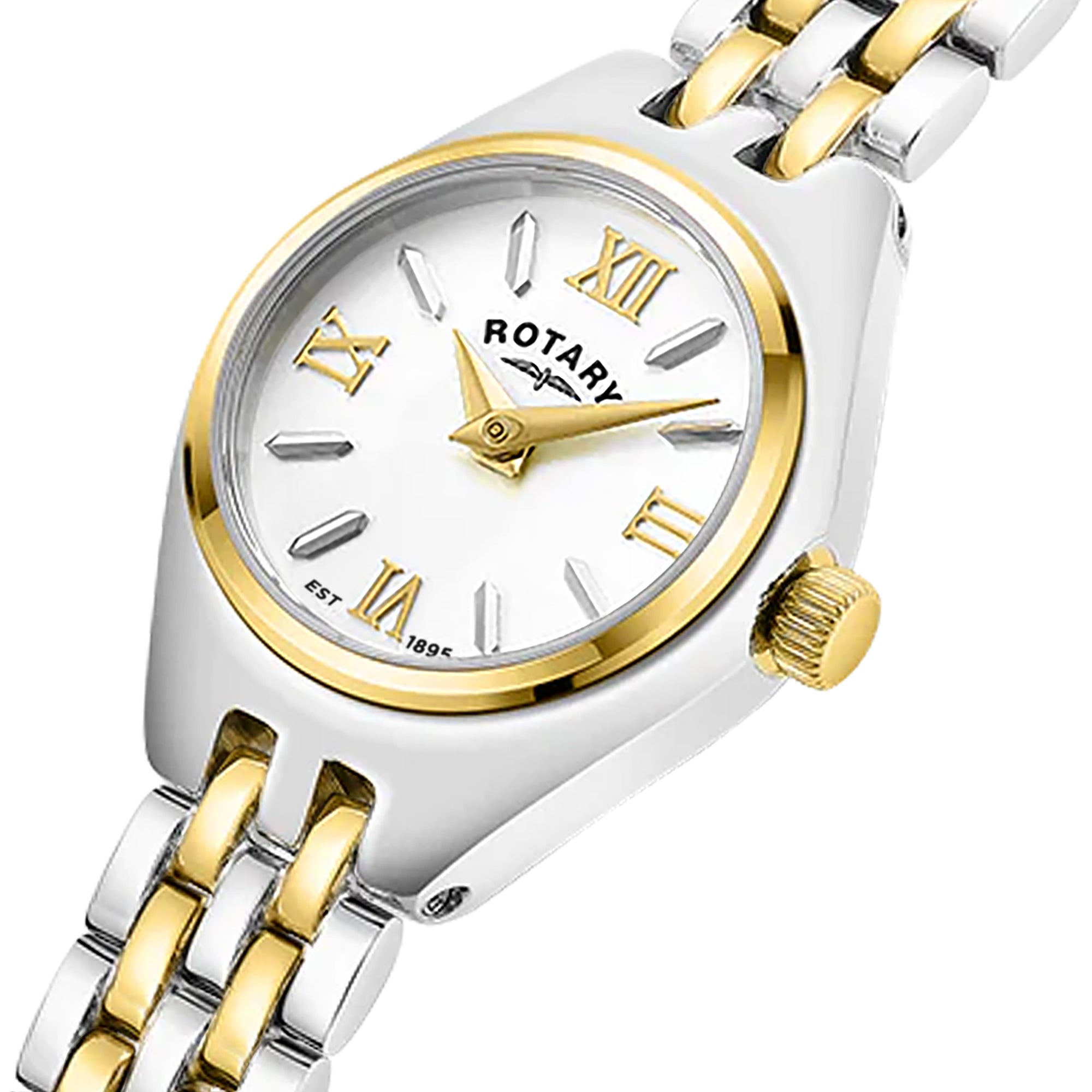 Rotary watch with silver and gold band on a white background