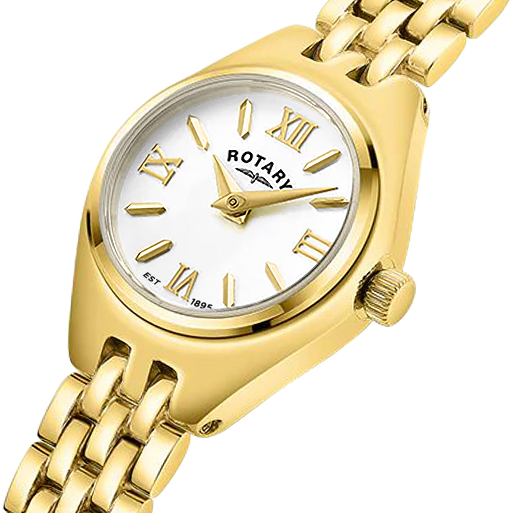 Gold rotary wristwatch with white face and Roman numerals on a white background
