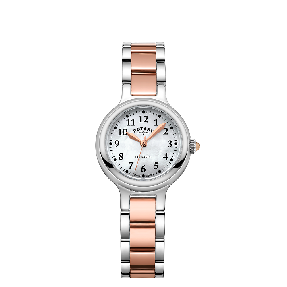 Rotary ladies watch with a two-tone rose gold and stainless steel case and bracelet. The dial is white mother of pearl with rose gold hands and indices