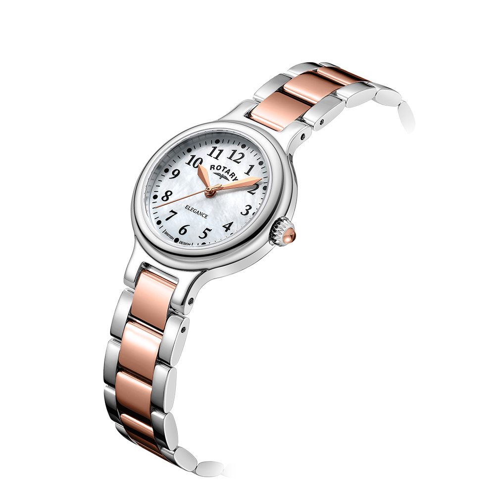 Rotary ladies watch with a two-tone rose gold and stainless steel case and bracelet. The dial is white mother of pearl with rose gold hands and indices