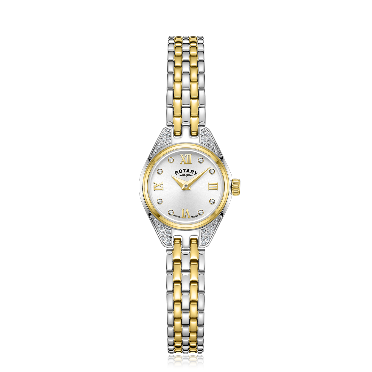 Rotary ladies cocktail watch in stainless steel and gold. The watch features gem setting on the case and has a white dial with gold hands, roman numerals and diamond set indexes