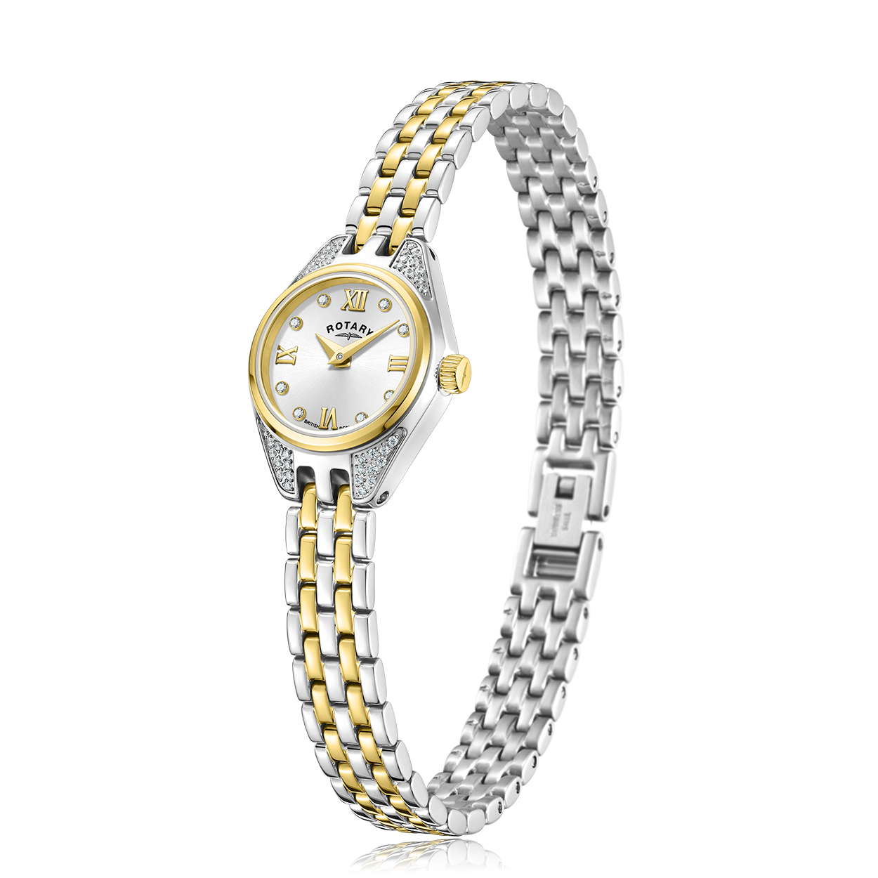 Rotary ladies cocktail watch in stainless steel and gold. The watch features gem setting on the case and has a white dial with gold hands, roman numerals and diamond set indexes