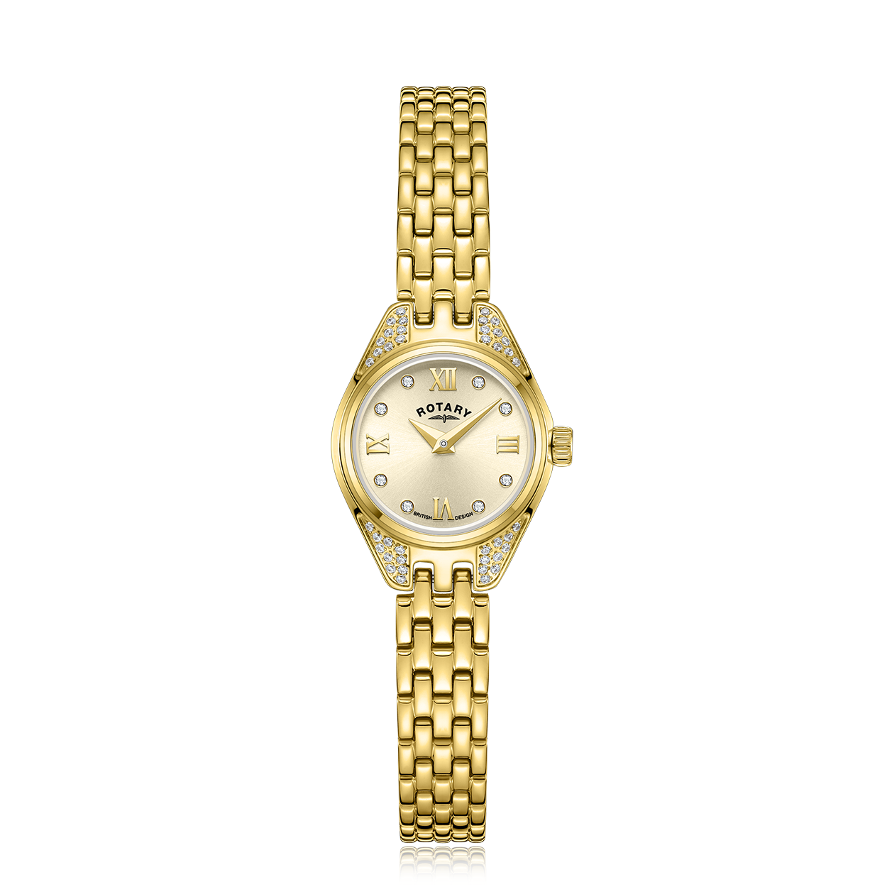 Rotary ladies cocktail watch in gold. The watch features gem setting on the case and has a champagne coloured dial with gold hands, roman numerals and diamond set indexes