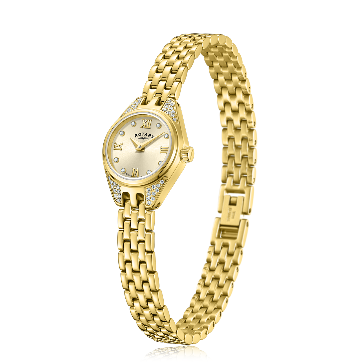 Rotary ladies cocktail watch in gold. The watch features gem setting on the case and has a champagne coloured dial with gold hands, roman numerals and diamond set indexes