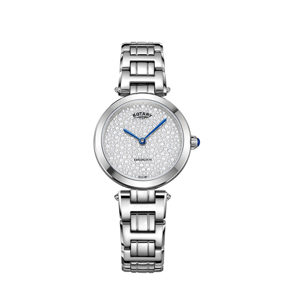 Rotary ladies watch in stainless steel with a crystal set dial and blued hands. The crown also has a blued finish, matching the look of the hands