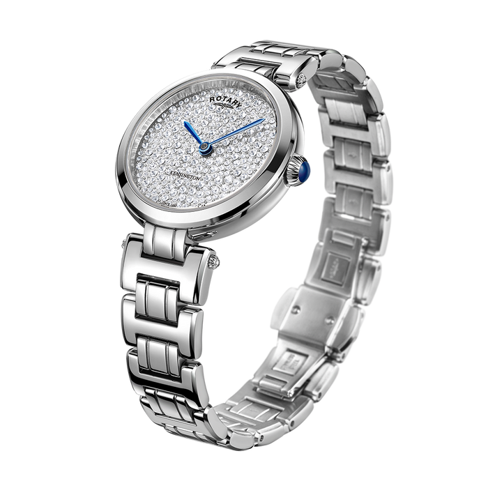 Rotary ladies watch in stainless steel with a crystal set dial and blued hands. The crown also has a blued finish, matching the look of the hands