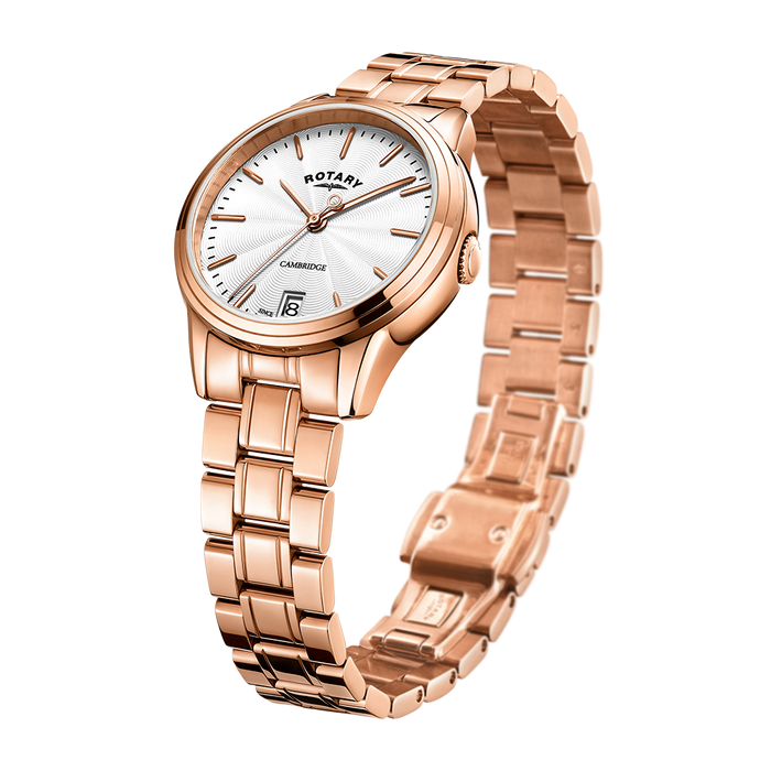 Rotary ladies watch in rose gold with bracelet. The white dial features a guilloche pattern and a date window at 6.