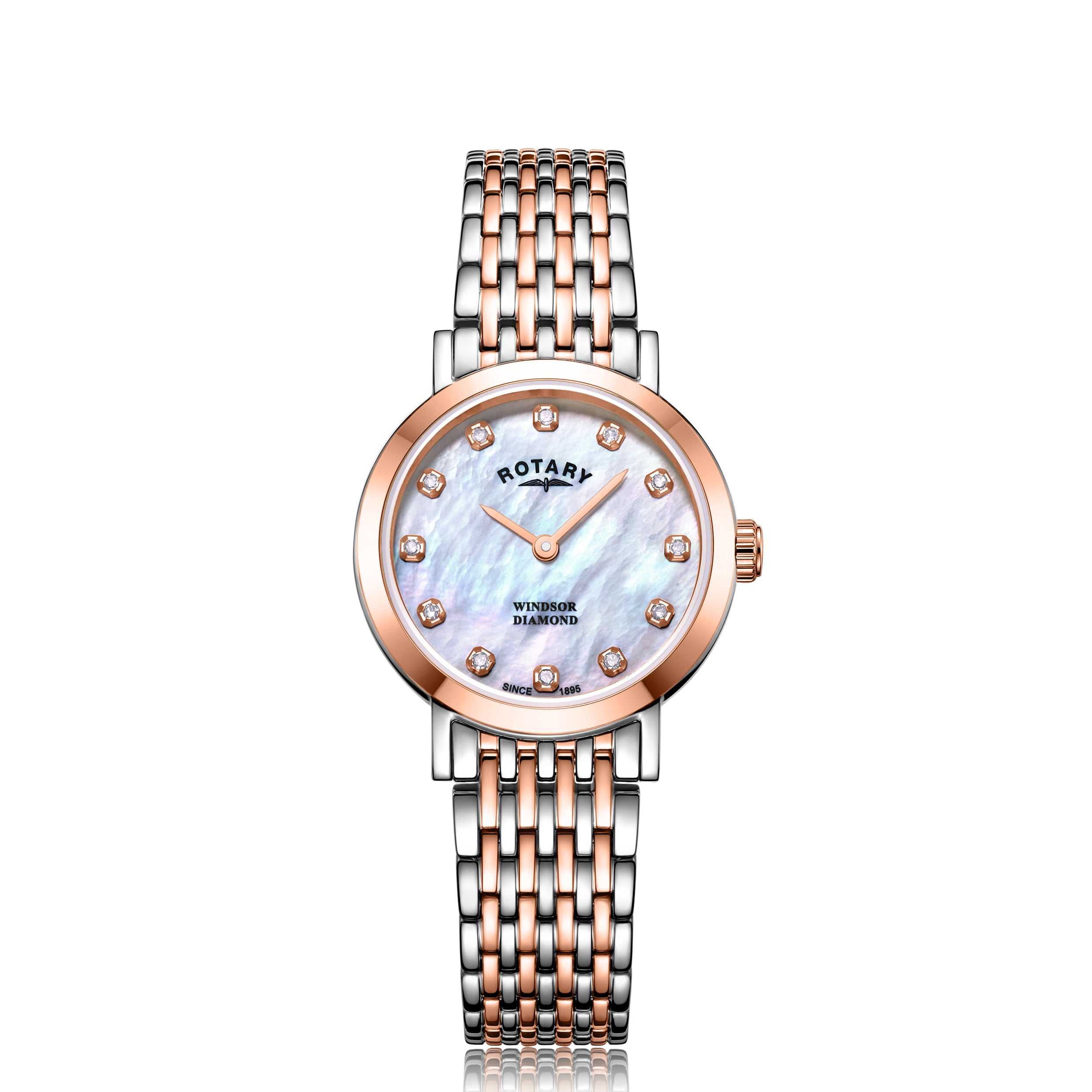 Rotary ladies watch in two-tone stainless steel and rose gold and a mother of pearl dial. The watch also features diamond indices 