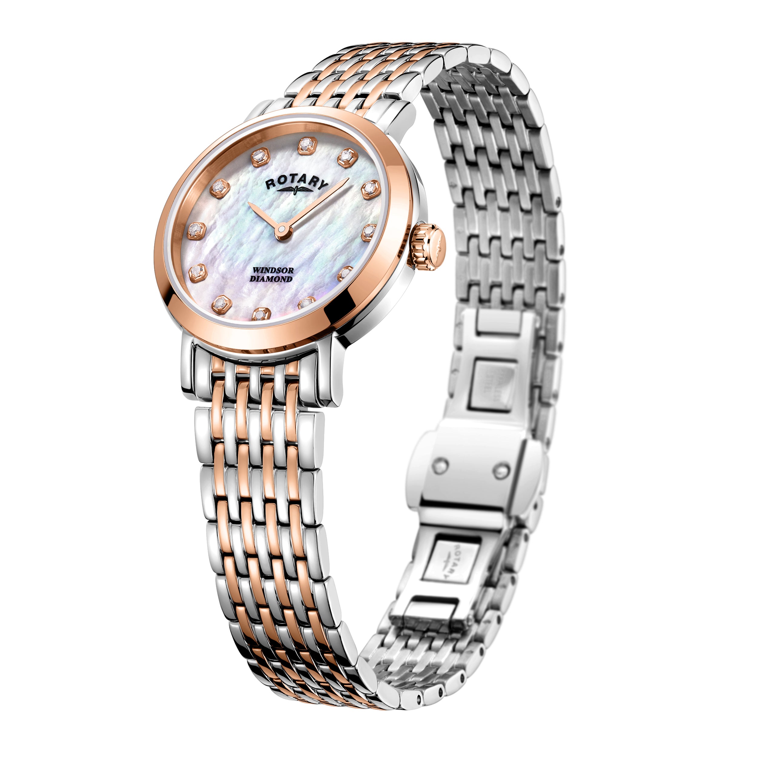 Rotary ladies watch in two-tone stainless steel and rose gold and a mother of pearl dial. The watch also features diamond indices 