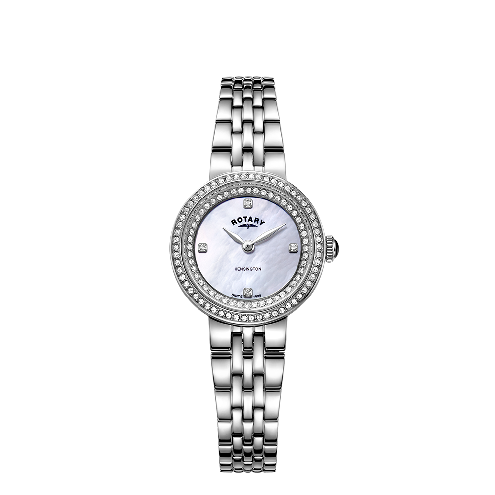 rotary ladies watch with a stainless steel case and bracelet, a mother of pearl dial and a gem set bezel. The dial also features gem set indexes