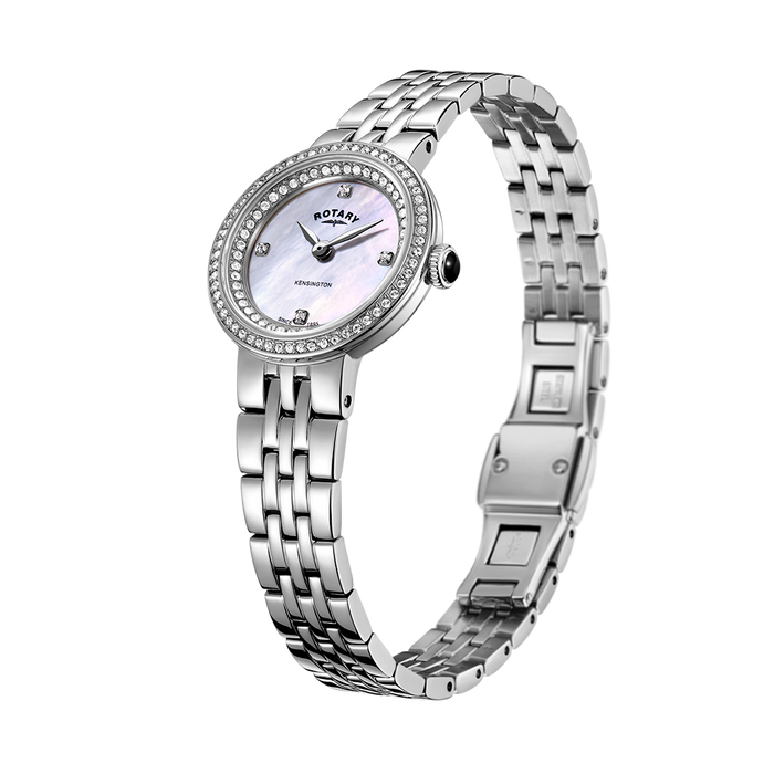 rotary ladies watch with a stainless steel case and bracelet, a mother of pearl dial and a gem set bezel. The dial also features gem set indexes