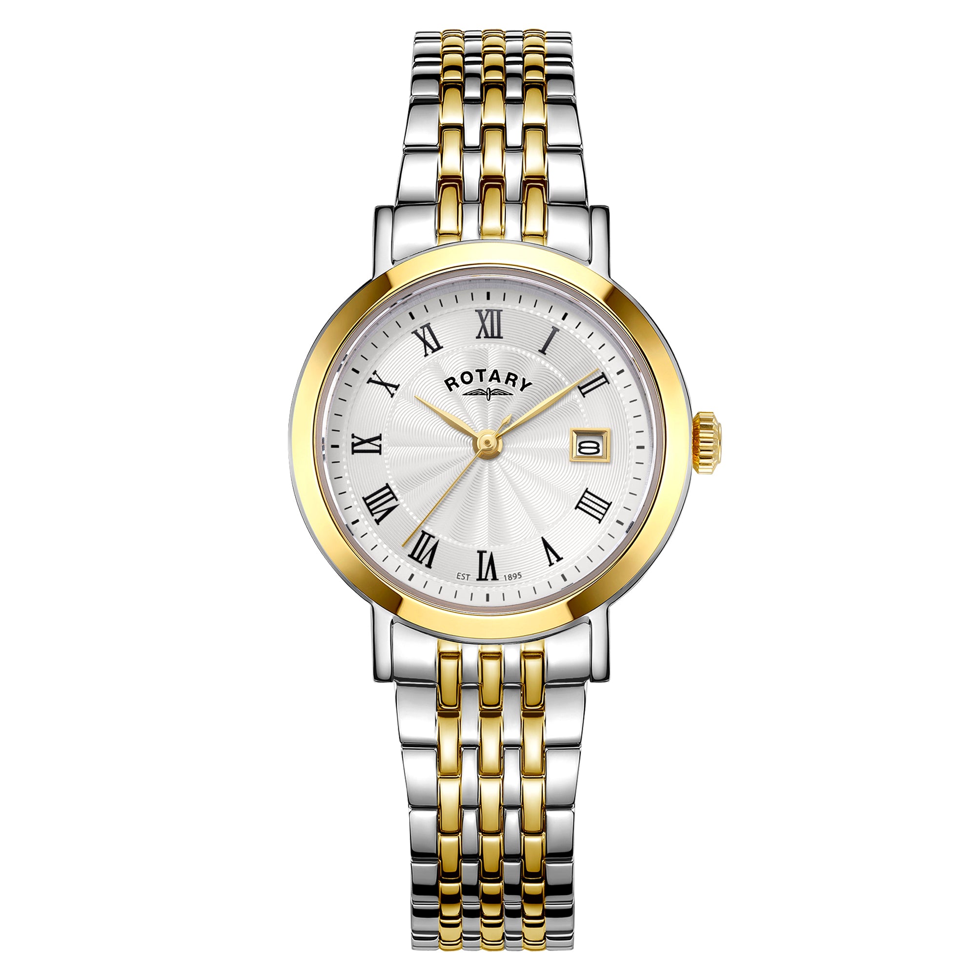 Rotary watch with two-tone gold and silver bracelet on a white background