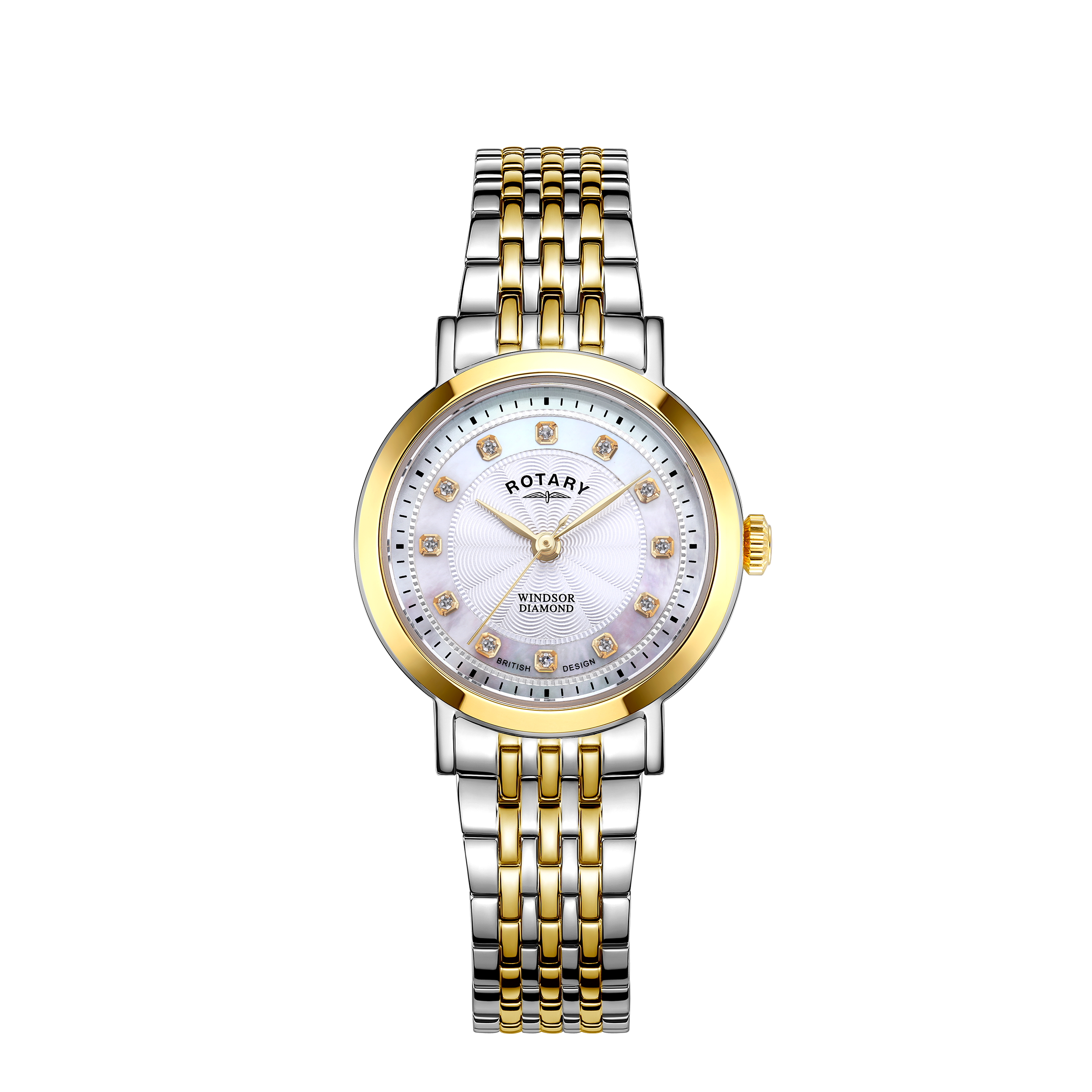 Rotary ladies watch in two-tone gold and stainless steel. The watch has a white guilloche dial and diamond indexes