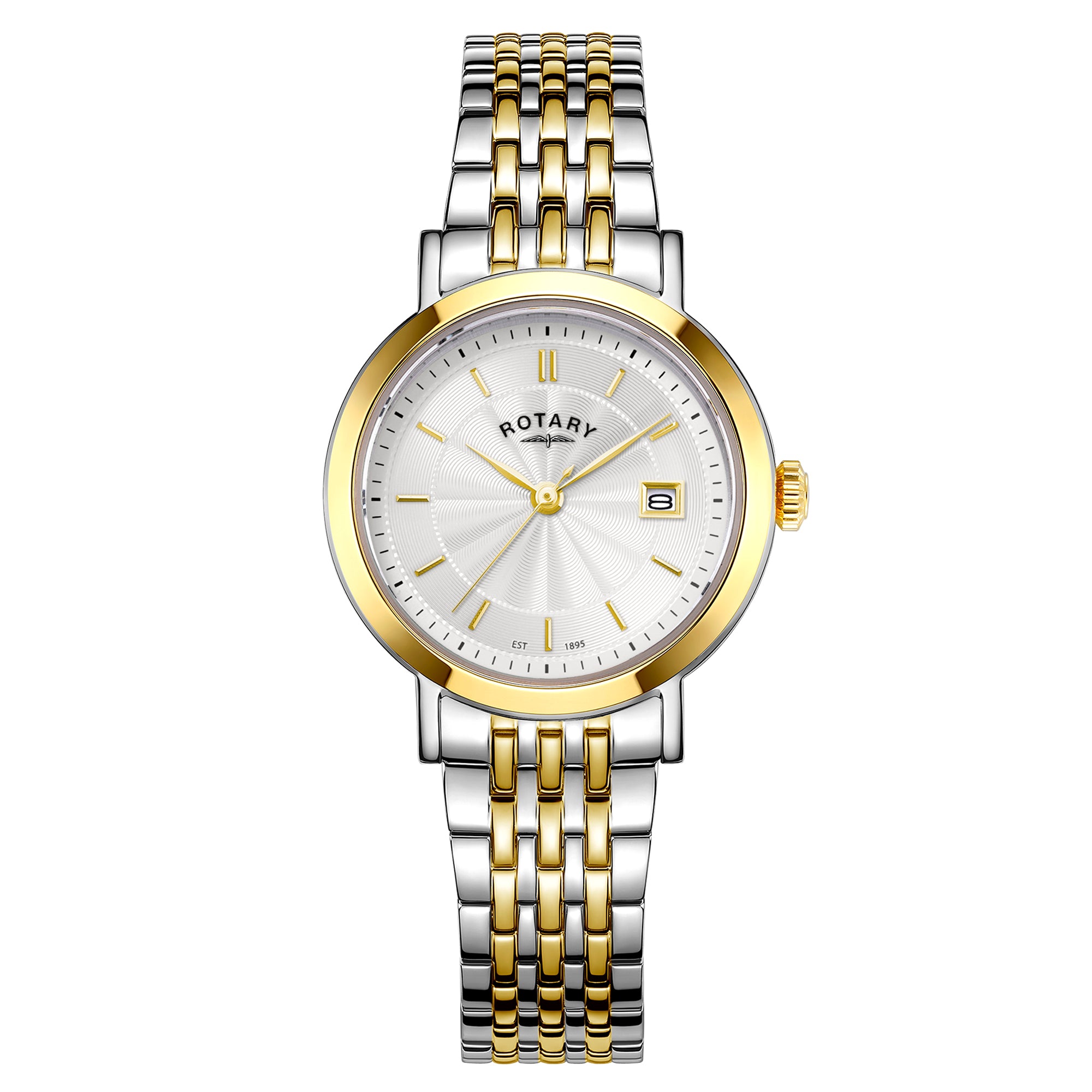 Rotary watch with two-tone gold and silver bracelet on a white background