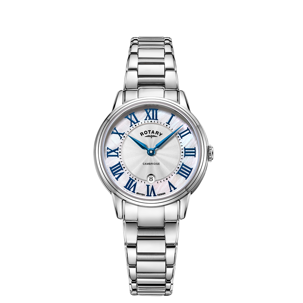 Rotary ladies watch in stainless steel with a stainless steel bracelet and a mother of pearl dial with blue hands