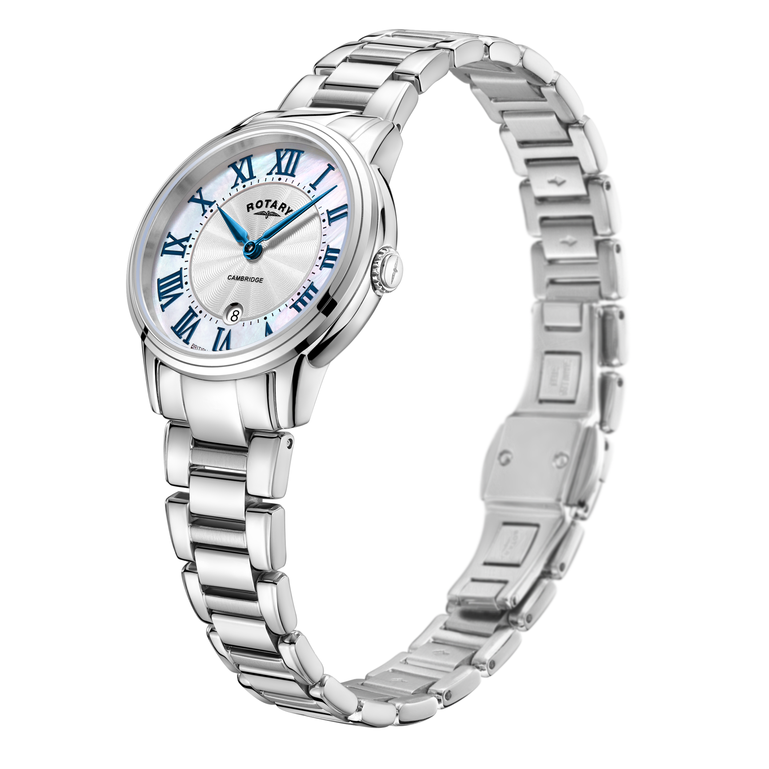 Rotary ladies watch in stainless steel with a stainless steel bracelet and a mother of pearl dial with blue hands