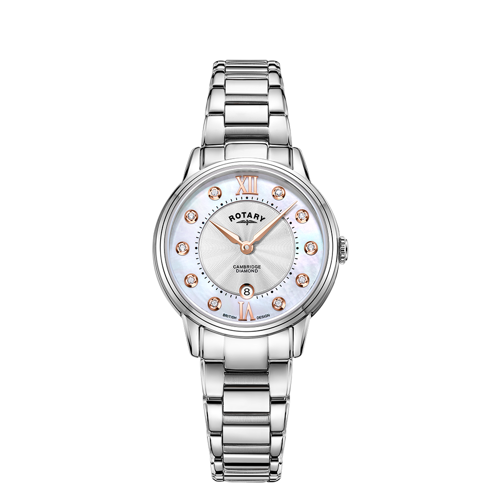 Rotary ladies watch in stainless steel with a mother of pearl dial and diamond indexes