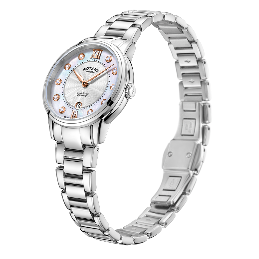 Rotary ladies watch in stainless steel with a mother of pearl dial and diamond indexes