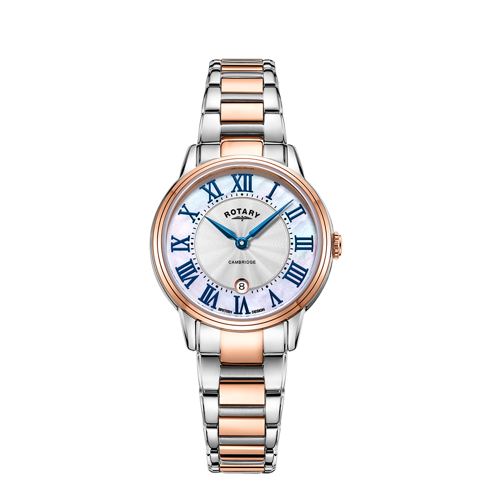 Rotary ladies watch in two-tone rose gold and stainless steel with a mother of pearl dial and roman numeral indexes