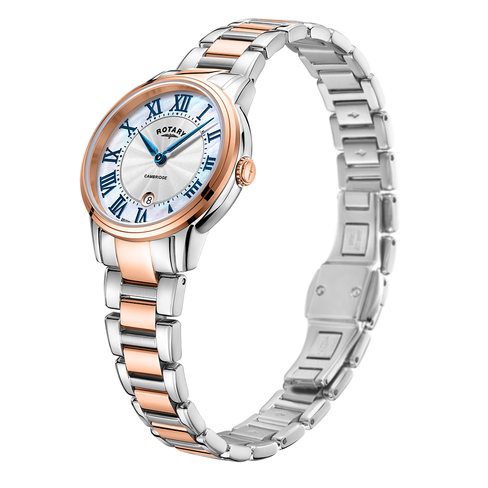 Rotary ladies watch in two-tone rose gold and stainless steel with a mother of pearl dial and roman numeral indexes