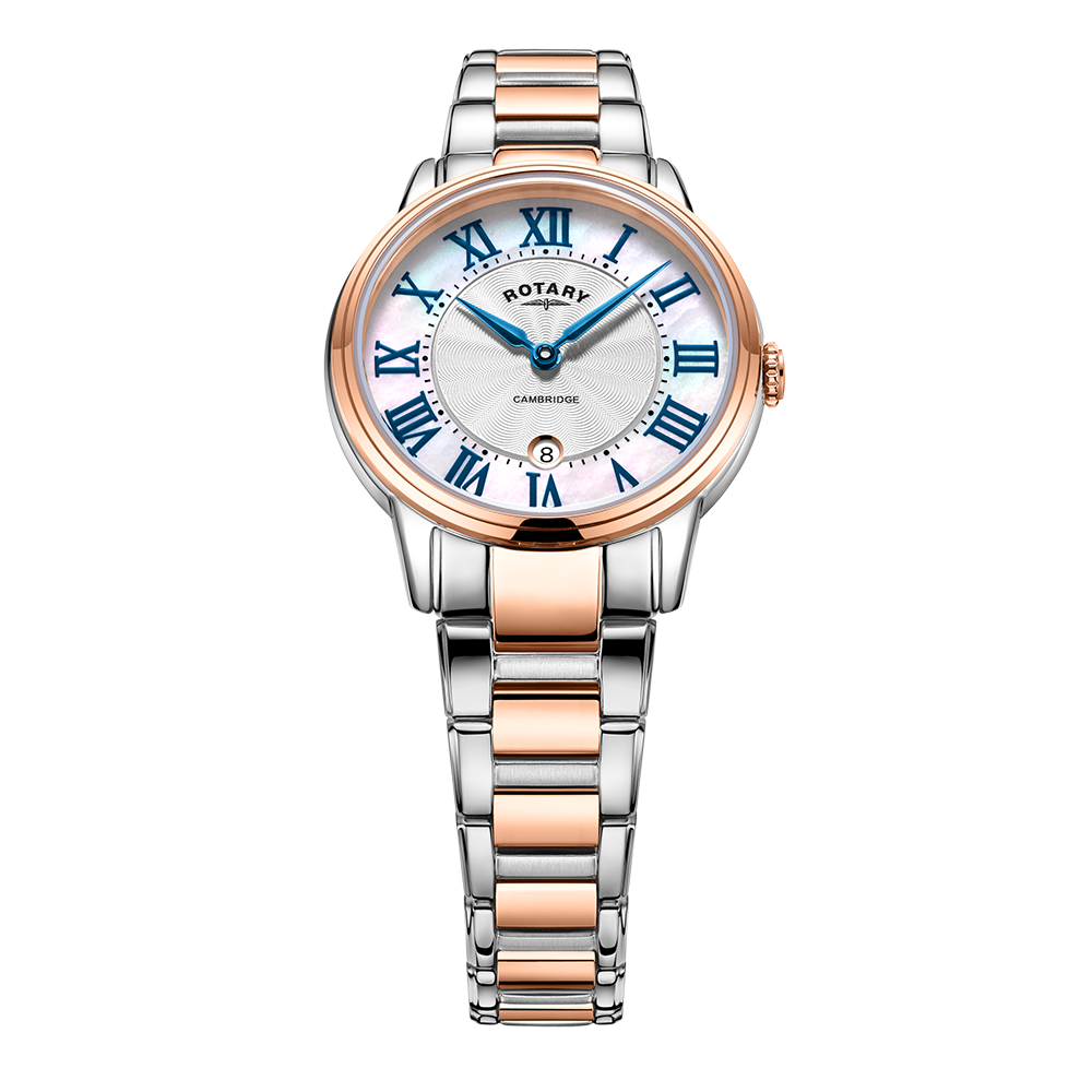 Rotary ladies watch in two-tone rose gold and stainless steel with a mother of pearl dial and roman numeral indexes