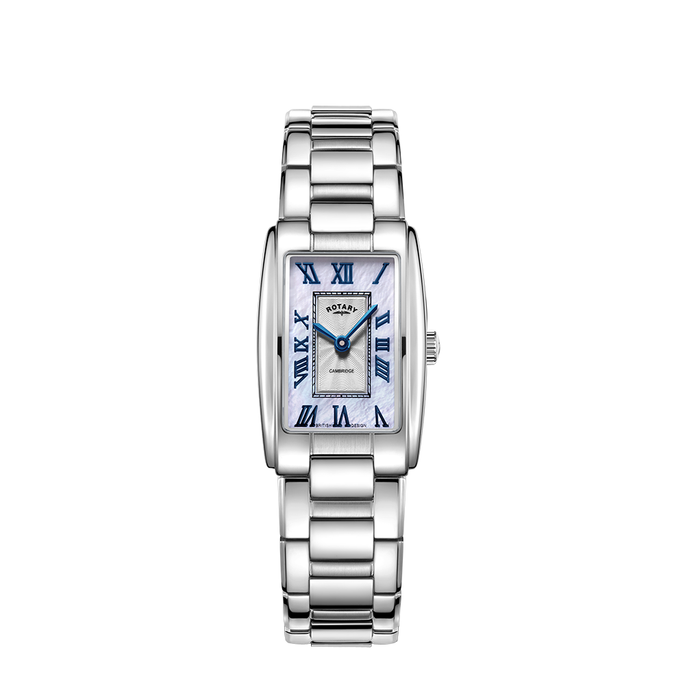 Rotary ladies rectangular watch in stainless steel with a mother of pearl dial and roman numeral indexes