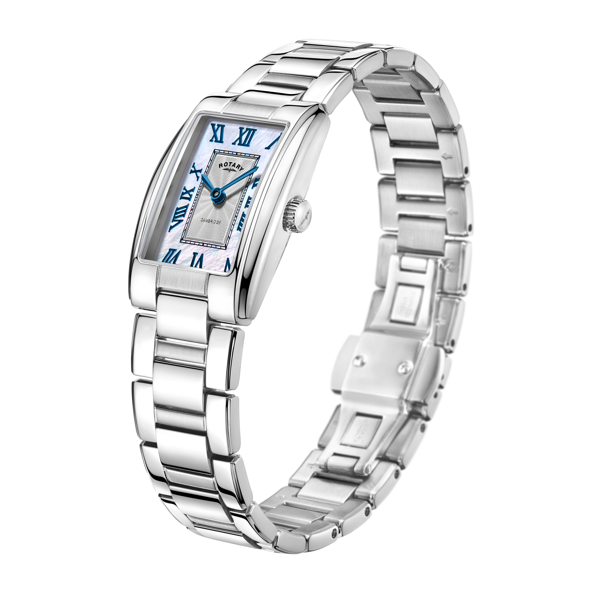 Rotary ladies rectangular watch in stainless steel with a mother of pearl dial and roman numeral indexes