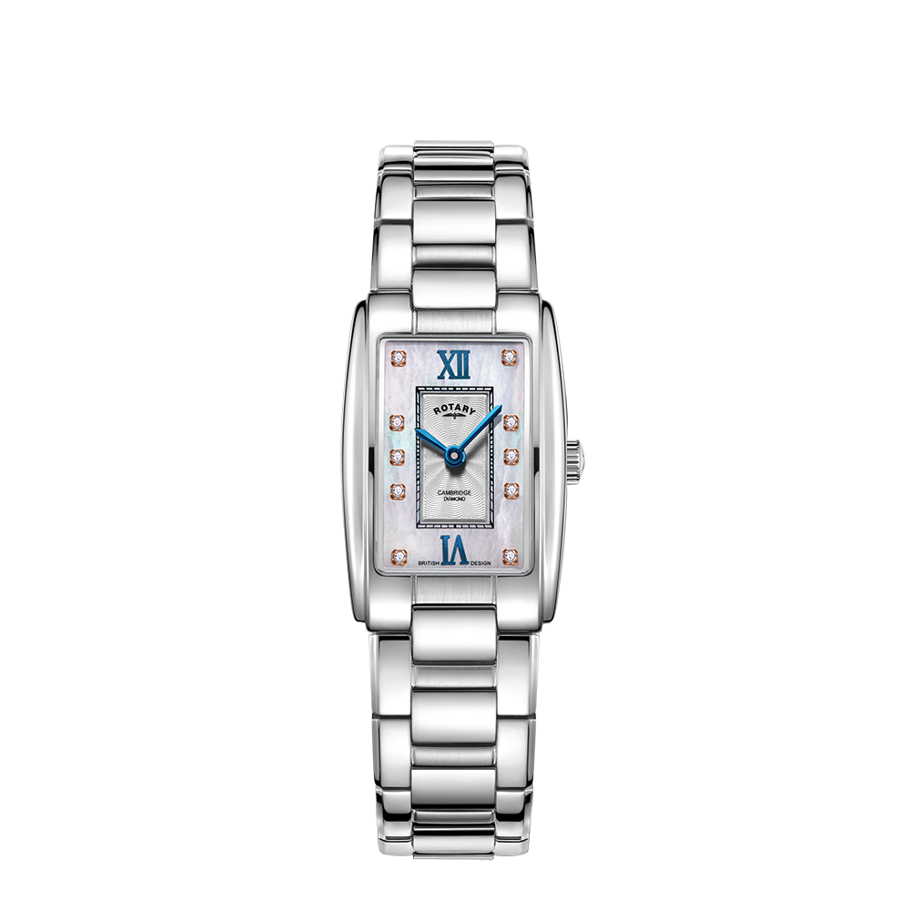 Rotary ladies rectangular watch in stainless steel with a mother of pearl dial and diamond indexes